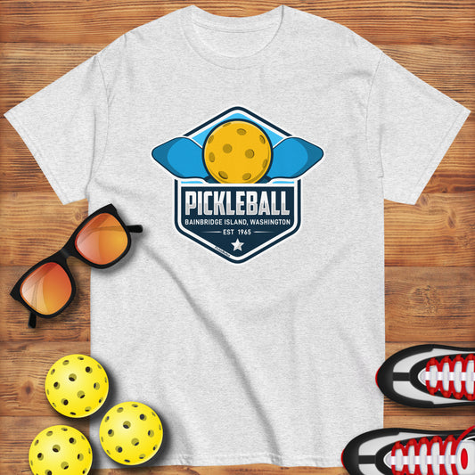 Fun Pickleball Pun: "Pickleball Bainbridge Island Washington EST 1965", Ash Unisex T-Shirt