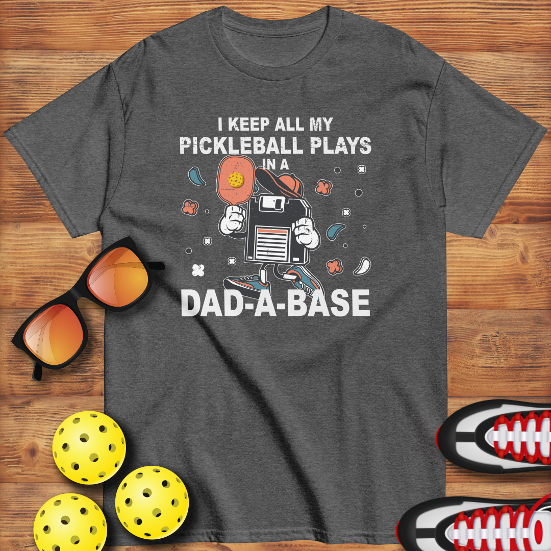Retro Pickleball Pun: "I Keep All My Pickleball Plays In A Dad-A-Base", Father's Day Mens Dark Heather T-Shirt