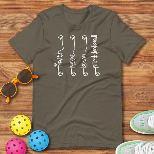 Fun Pickleball Pun: "Faith, Hope, Love, Pickleball", Womens Unisex T-Shirt