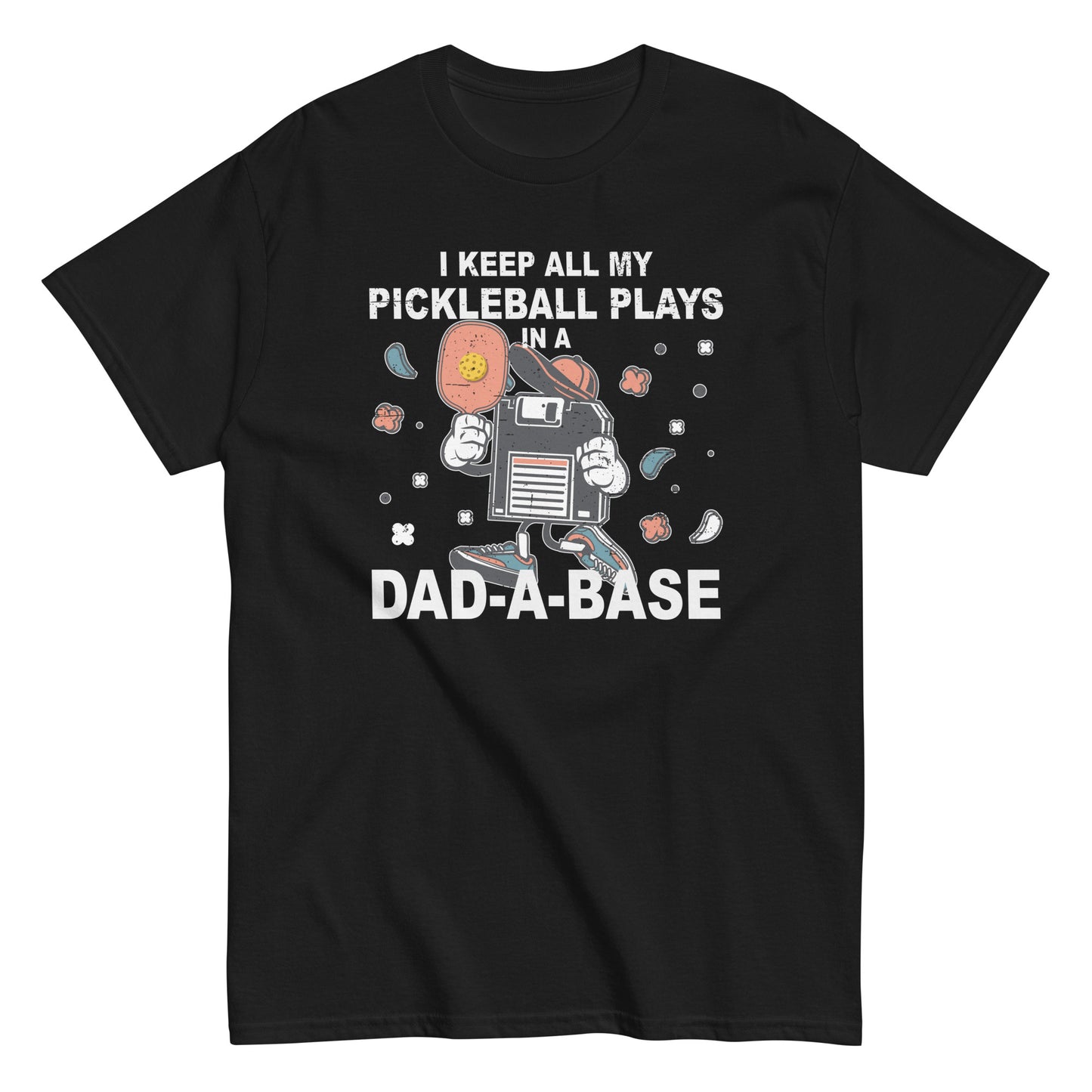 Retro Pickleball Pun: "I Keep All My Pickleball Plays In A Dad-A-Base", Father's Day Mens Black T-Shirt
