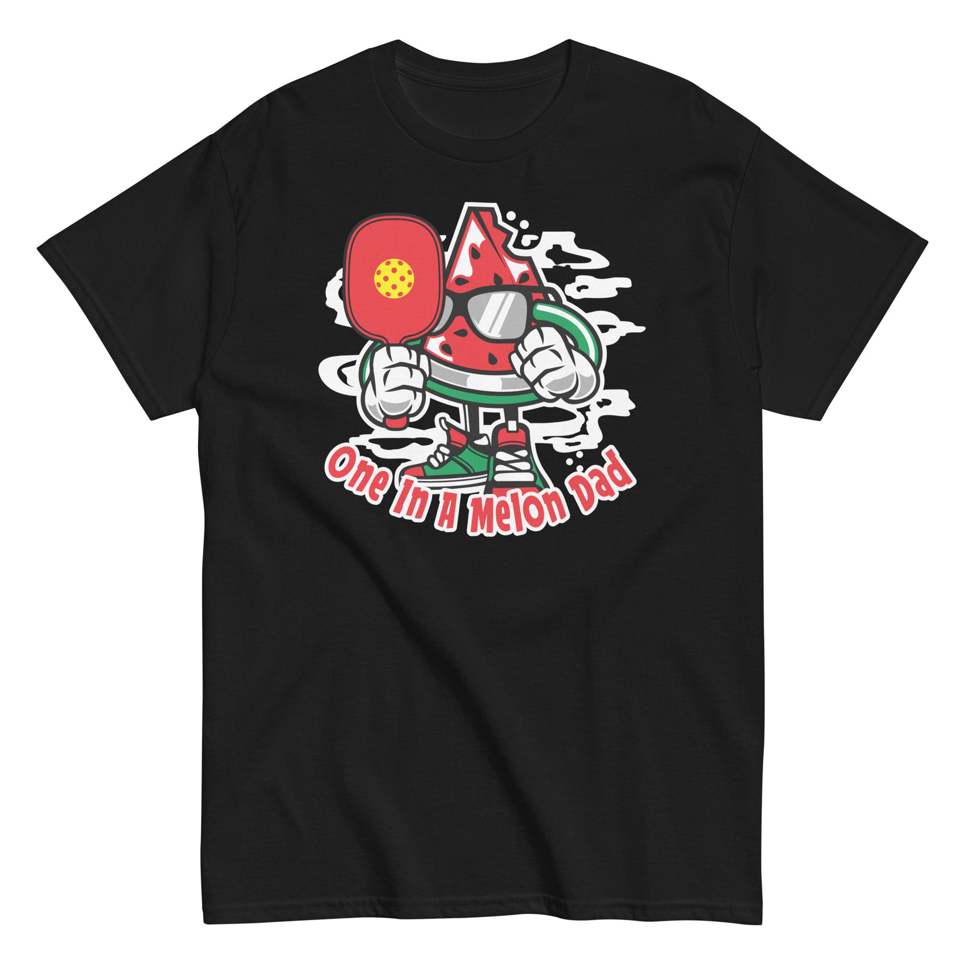 Retro Pickleball Pun: "One In A Melon Dad", Father's Day Mens Black T-Shirt