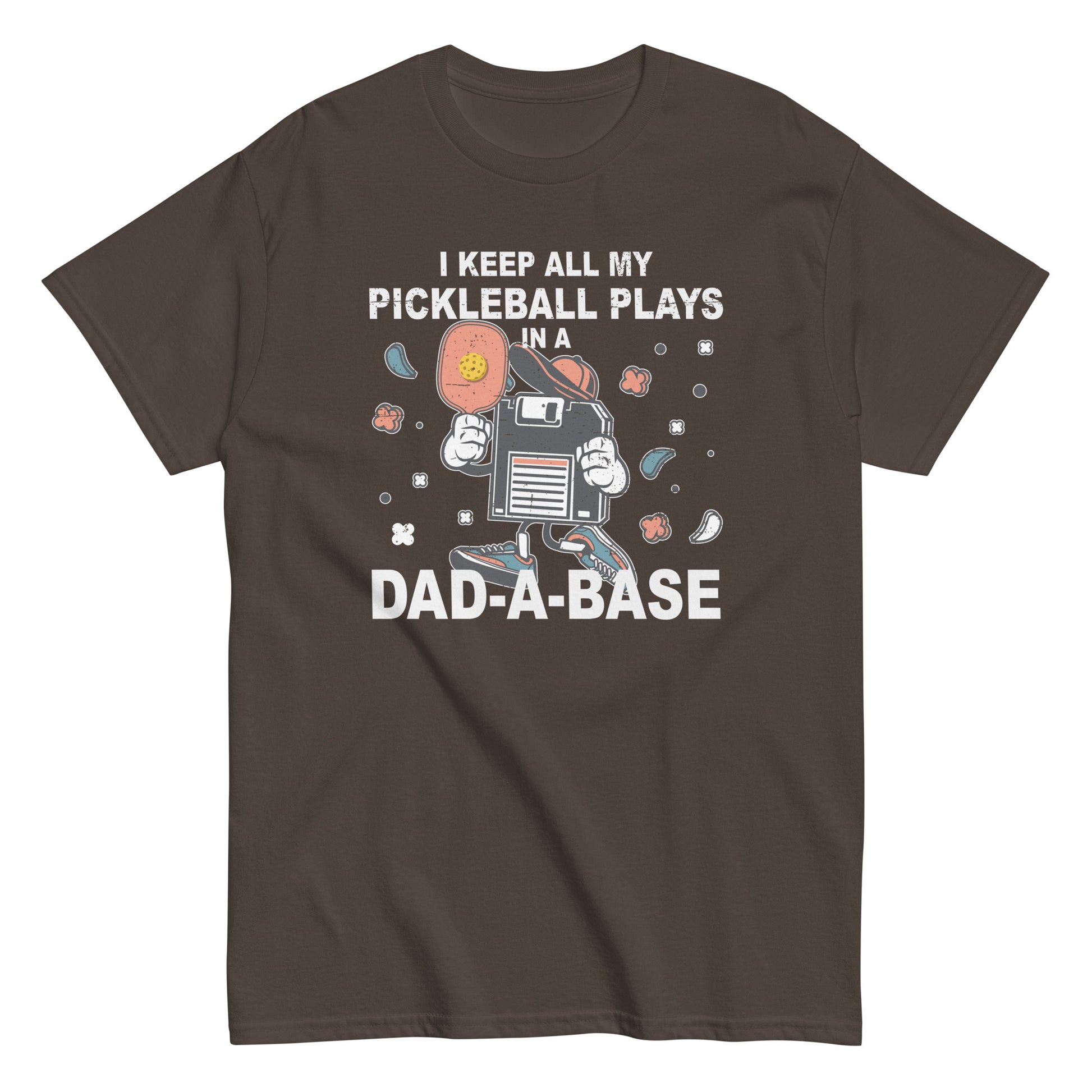 Retro Pickleball Pun: "I Keep All My Pickleball Plays In A Dad-A-Base", Father's Day Mens Dark Chocolate T-Shirt