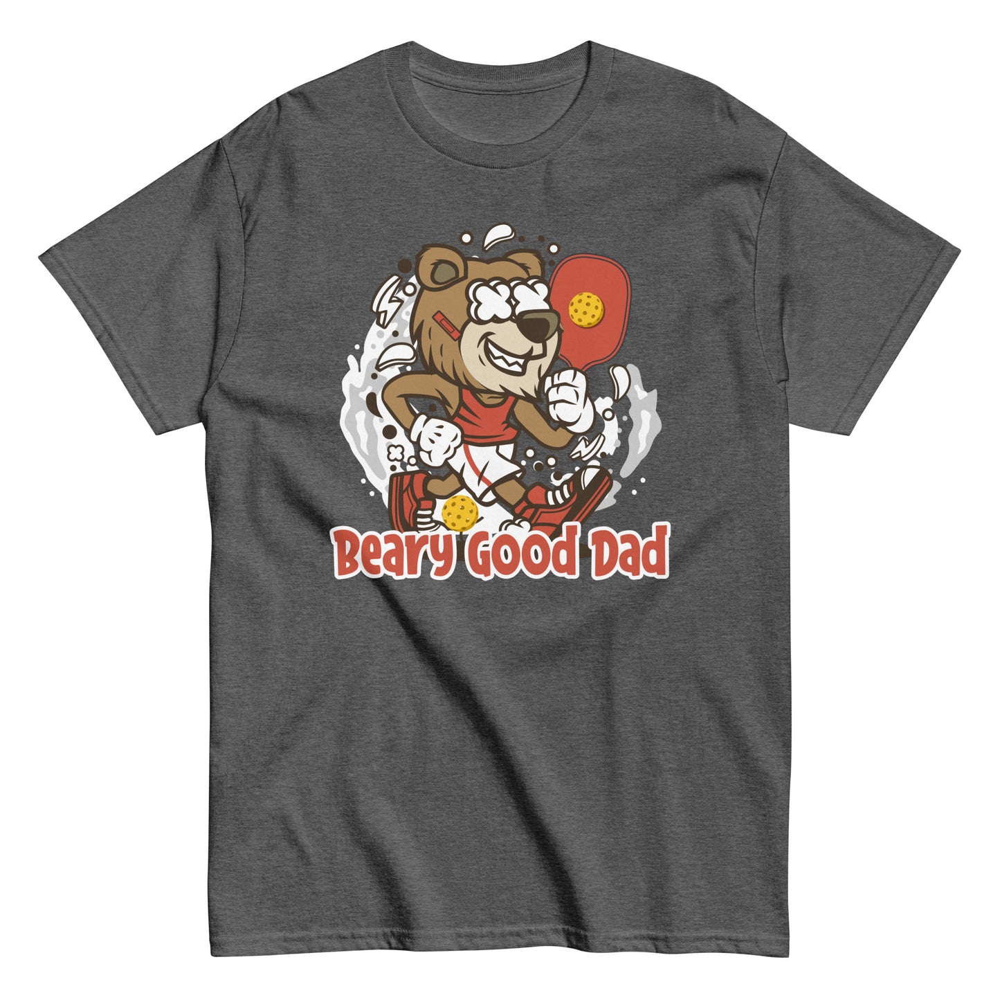 Retro Pickleball Pun: "Beary Good Dad", Father's Day Mens Dark Heather T-Shirt