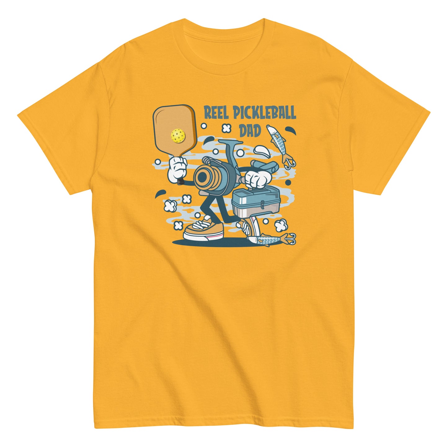 Retro Pickleball Pun: "A Reel Pickleball Dad", Father's Day Fishing Mens Gold T-Shirt