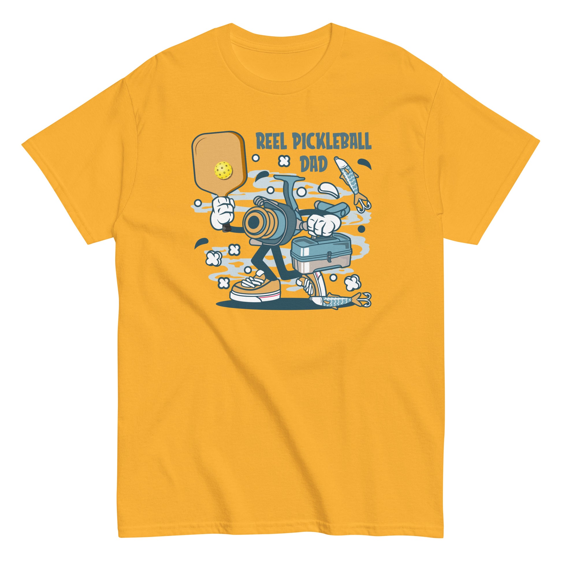 Retro Pickleball Pun: "A Reel Pickleball Dad", Father's Day Fishing Mens Gold T-Shirt