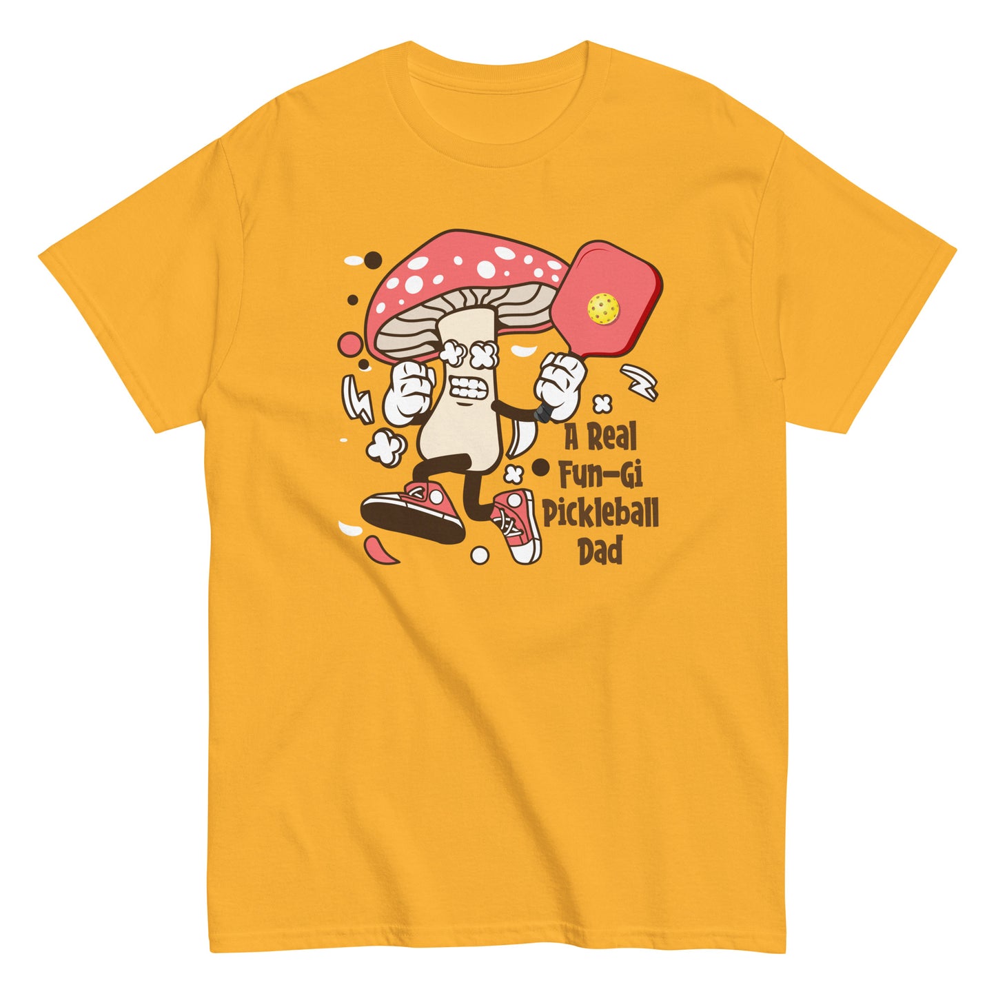 Retro Pickleball Pun: "A Real Fun-Gi Pickleball Dad", Father's Day Mens Gold T-Shirt