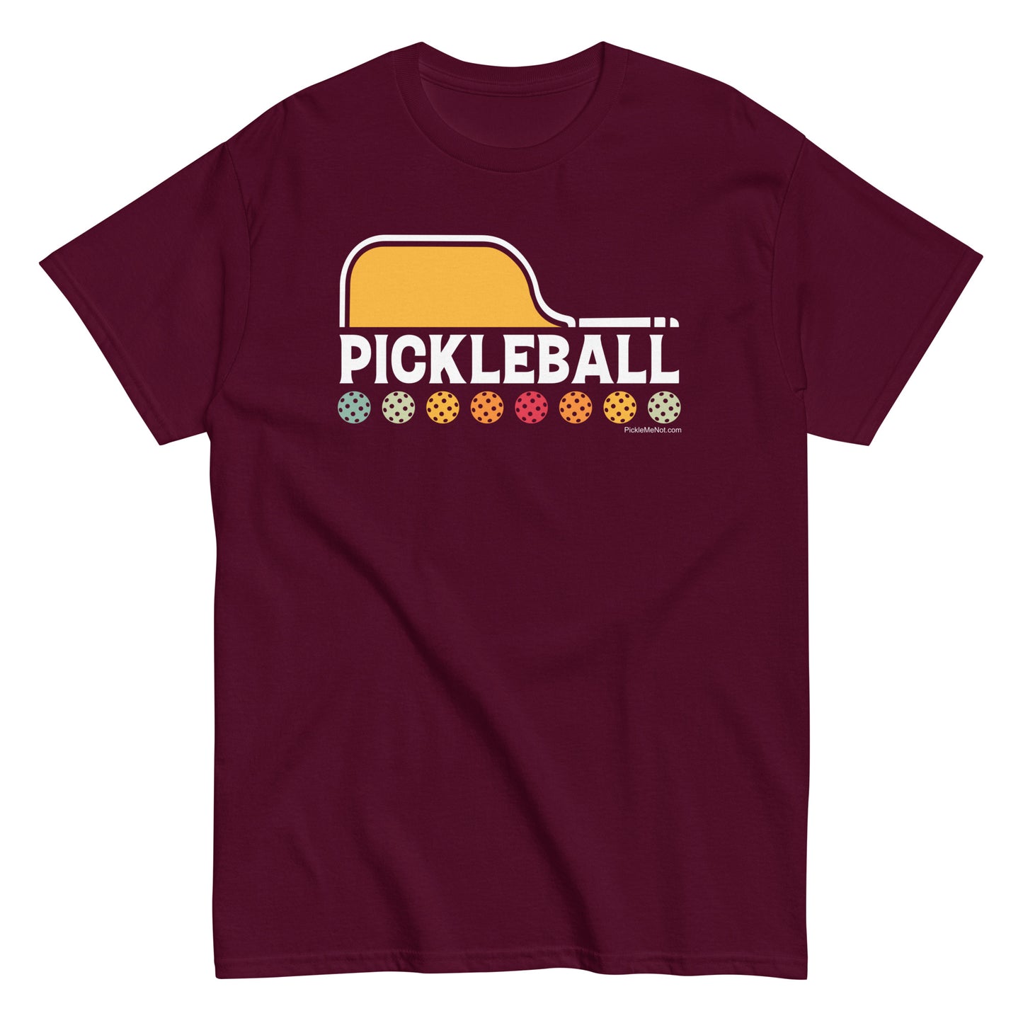 Fun Pickleball, "Paddles and Balls" Men's Classic Maroon Tee
