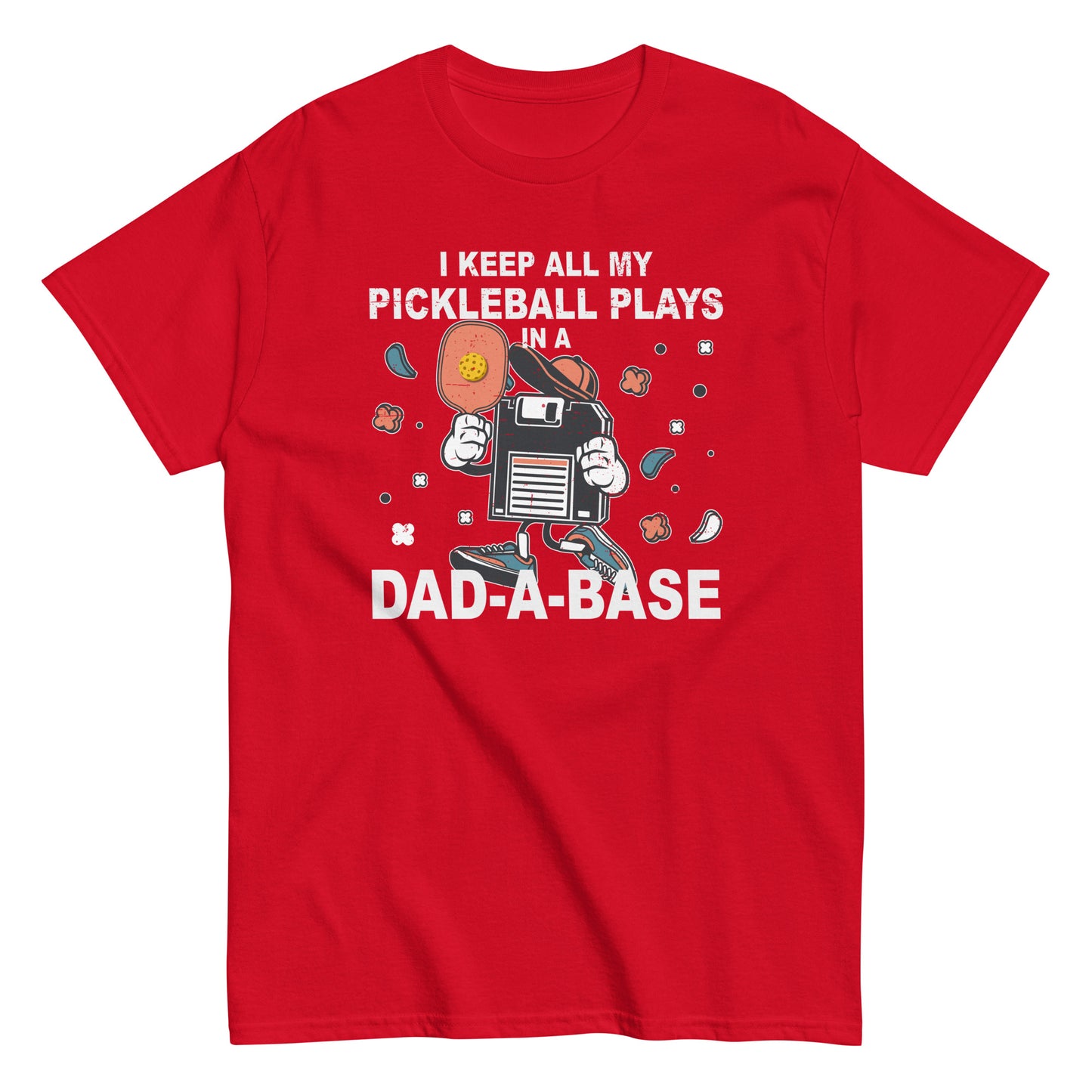 Retro Pickleball Pun: "I Keep All My Pickleball Plays In A Dad-A-Base", Father's Day Mens Red T-Shirt