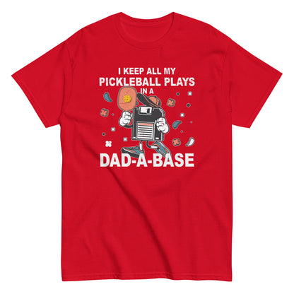 Retro Pickleball Pun: "I Keep All My Pickleball Plays In A Dad-A-Base", Father's Day Mens Red T-Shirt