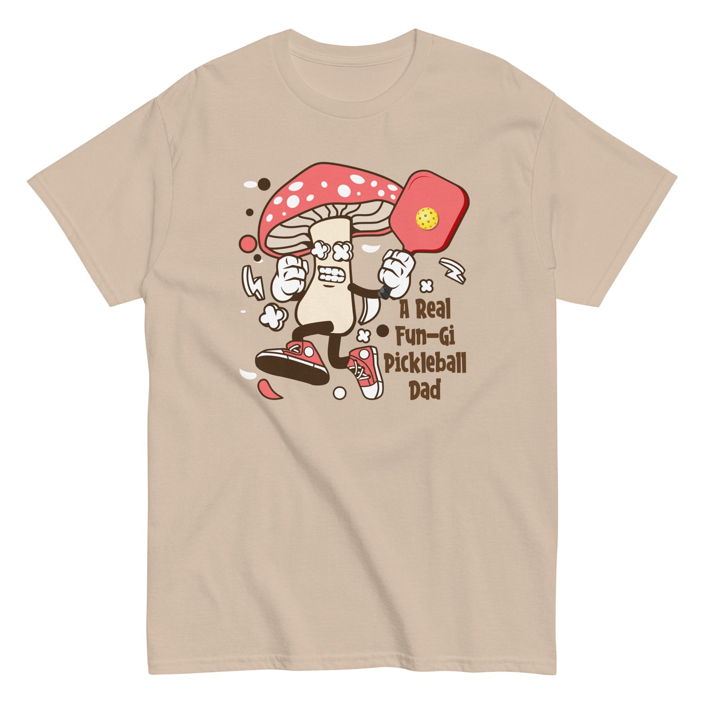 Retro Pickleball Pun: "A Real Fun-Gi Pickleball Dad", Father's Day Mens Sand T-Shirt