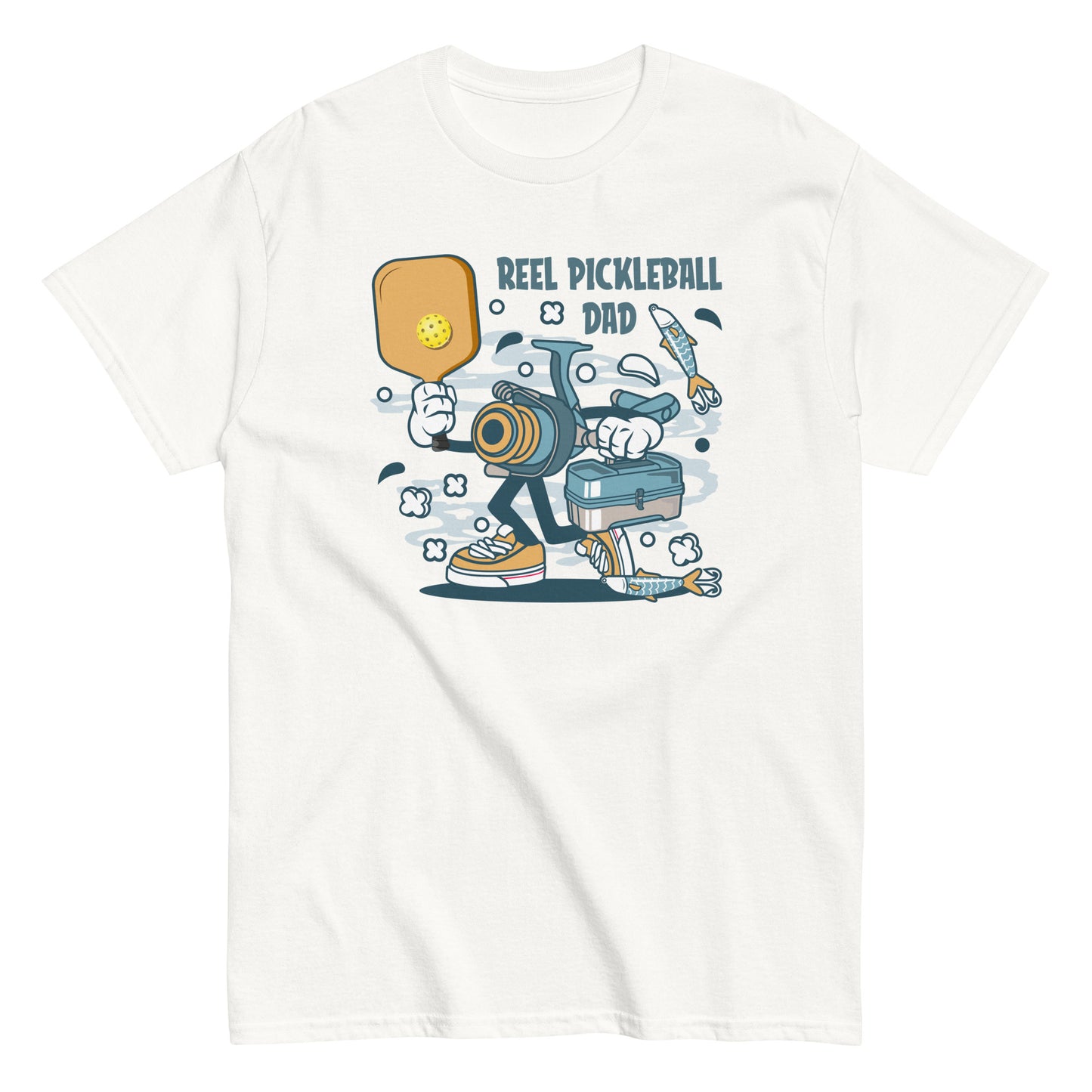 Retro Pickleball Pun: "A Reel Pickleball Dad", Father's Day Fishing Mens White T-Shirt
