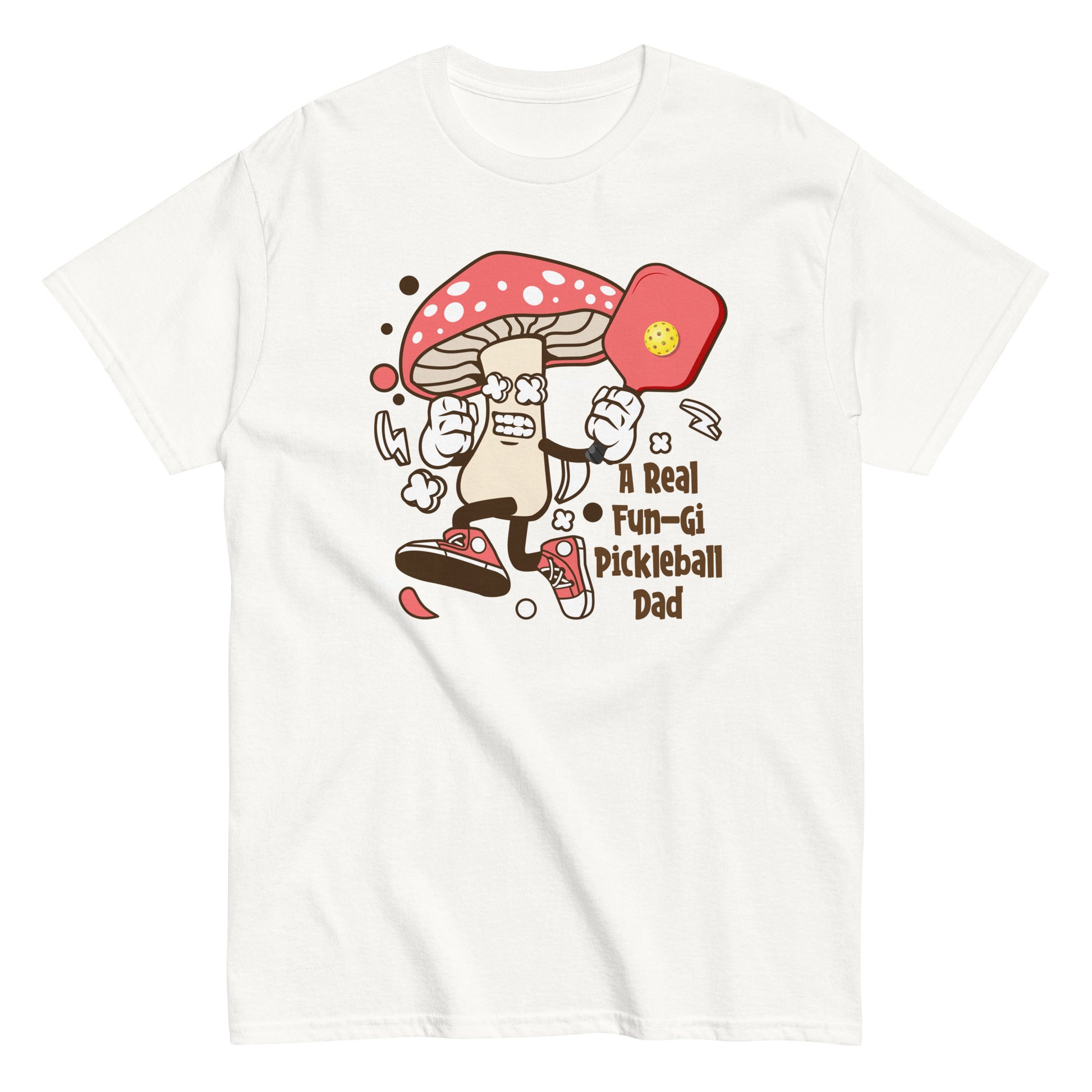 Retro Pickleball Pun: "A Real Fun-Gi Pickleball Dad", Father's Day Mens White T-Shirt