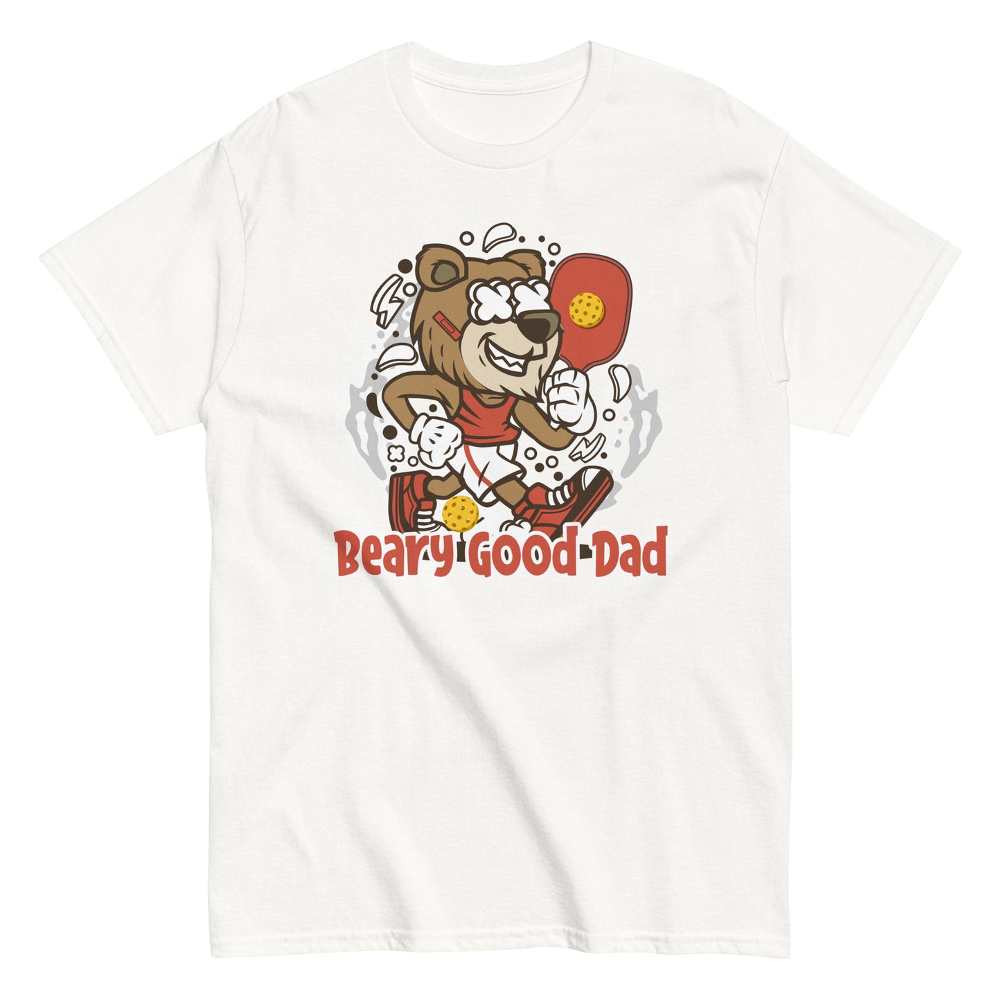 Retro Pickleball Pun: "Beary Good Dad", Father's Day Mens White T-Shirt