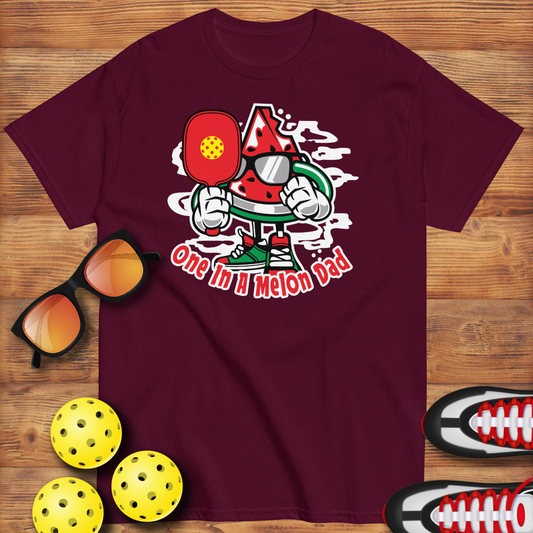 Retro Pickleball Pun: "One In A Melon Dad", Father's Day Mens Maroon T-Shirt