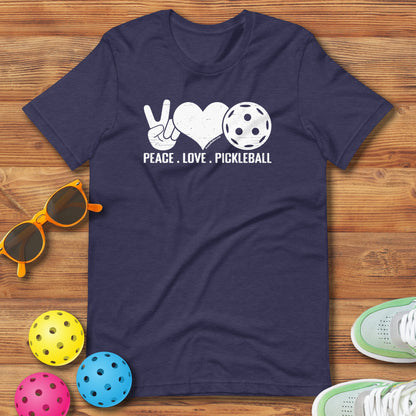 Funny Pickleball Pun: "Peace Love and Pickleball", Unisex T-Shirt