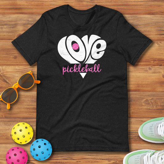 Funny Pickleball Pun: "Distressed Love Heat", Unisex T-Shirt