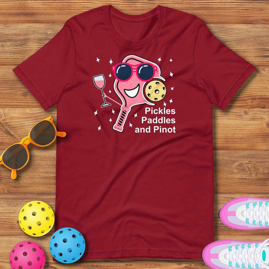 Funny Wine Pickleball Pun: "Pickles, Paddles and Pinot", Unisex T-Shirt