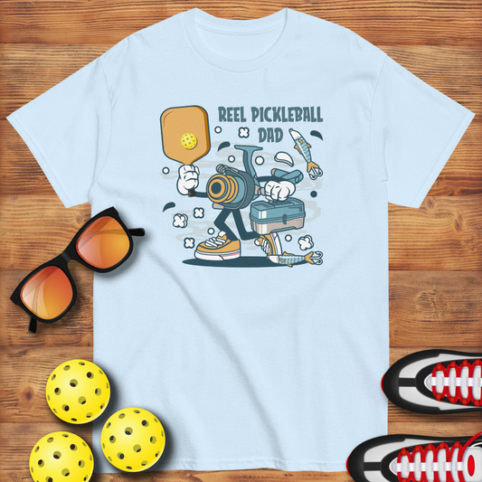 Retro Pickleball Pun: "A Reel Pickleball Dad", Father's Day Fishing Mens Light Blue T-Shirt