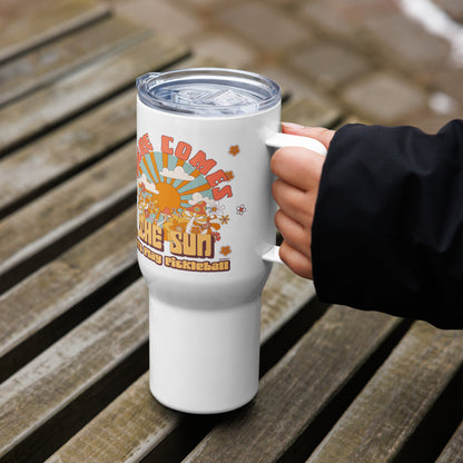 Pickleball Travel Mug With a Handle, "Here Comes the Sun, Let's Play Pickleball"