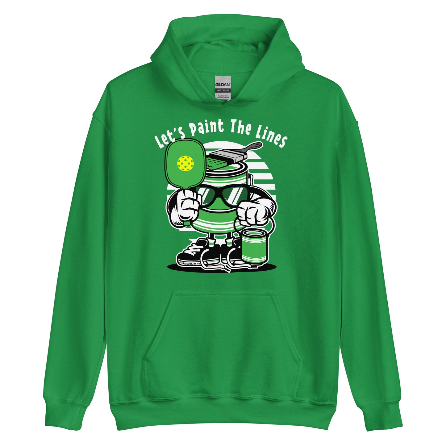 Fun Pickleball Retro-Vintage Unisex Hoodie, "Let's Paint The Line", Can And Brush Holding Paddle