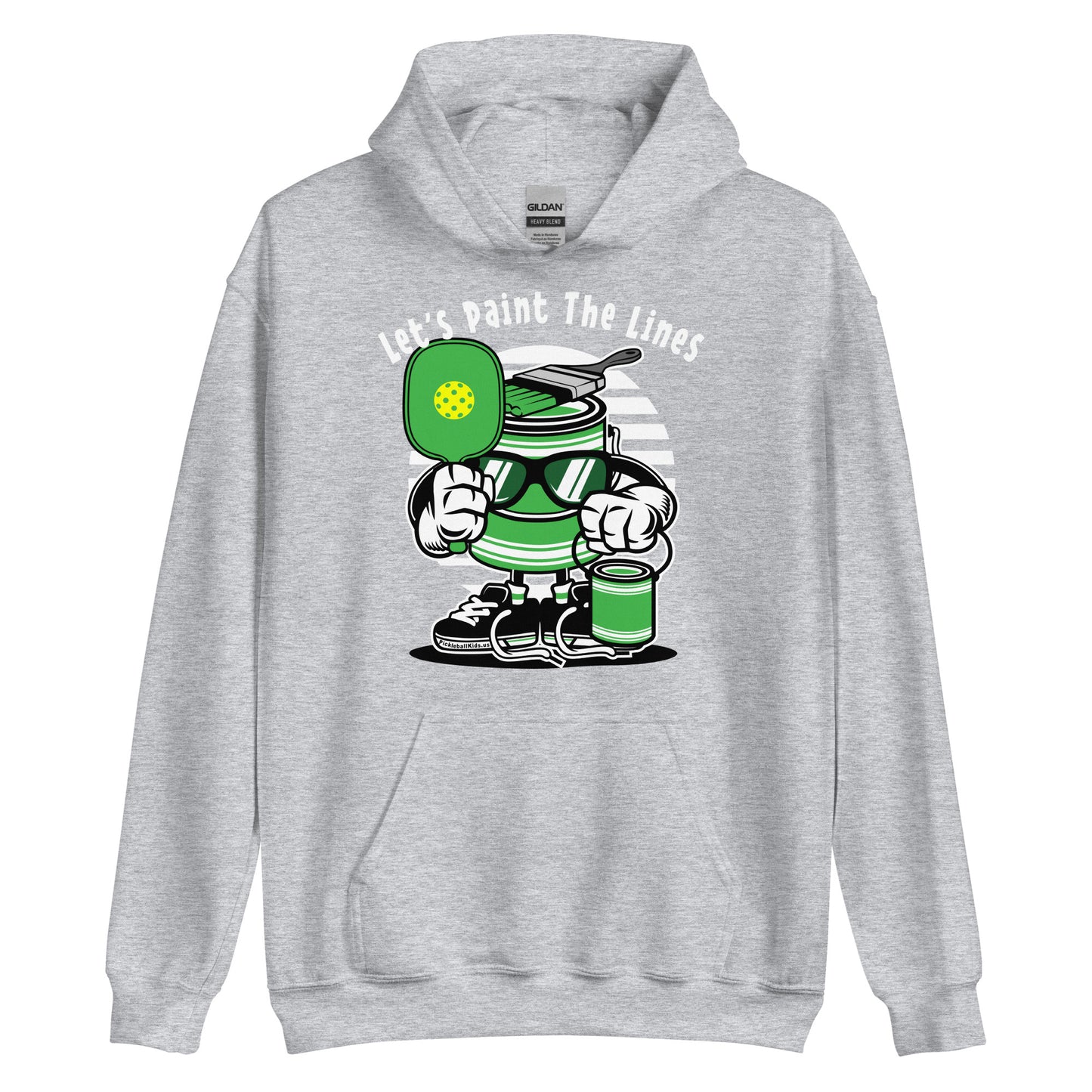 Fun Pickleball Retro-Vintage Unisex Hoodie, "Let's Paint The Line", Can And Brush Holding Paddle