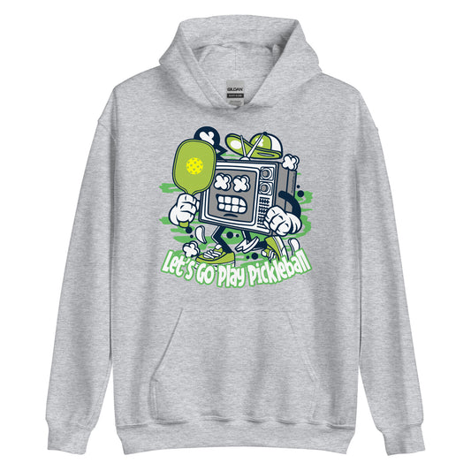 Fun Pickleball Retro-Vintage Unisex Hoodie, "Let's Go Play Pickleball", Old TV Holding Paddle