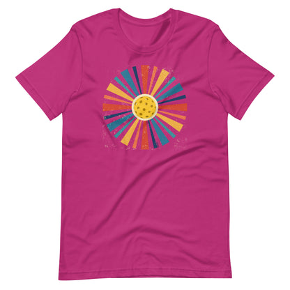 Fun Pickleball Graphic: "Rainbow Retro Circle," Womens Berry Unisex T-Shirt