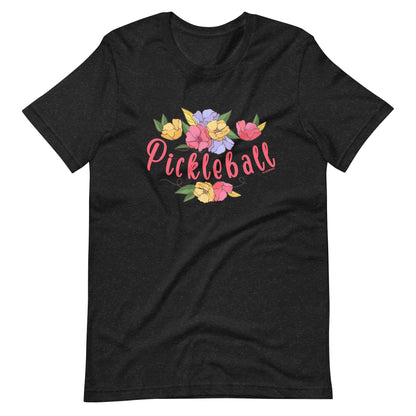 Fun Pickleball Flower Swag: "Pickleball", Womens Unisex Black Heather T-Shirt