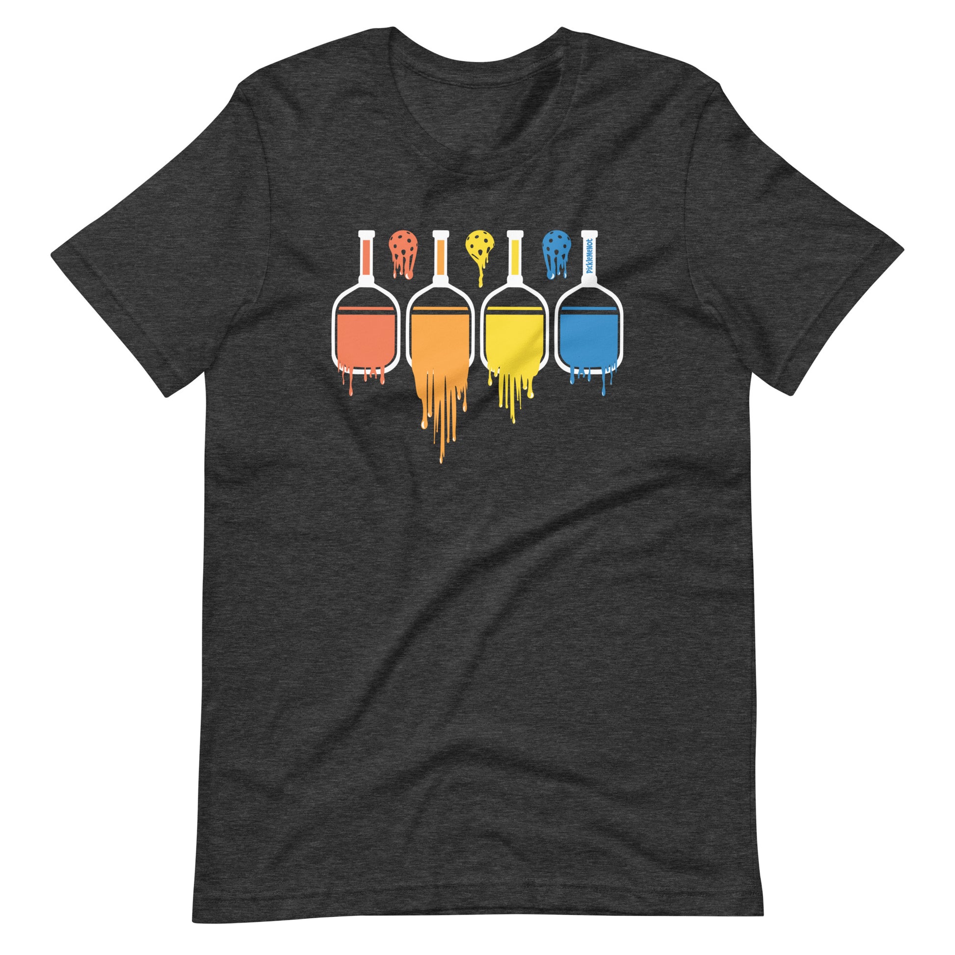 Fun Pickleball Pun: "Rainbow Colored Melting Paddles And Balls", Womens Unisex Dark Grey Heather T-Shirt