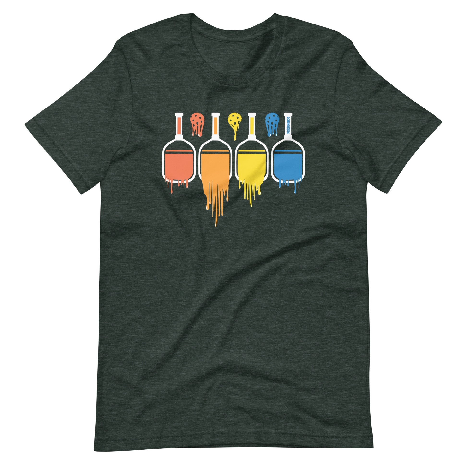Fun Pickleball Pun: "Rainbow Colored Melting Paddles And Balls", Womens Unisex  Heather Forest T-Shirt