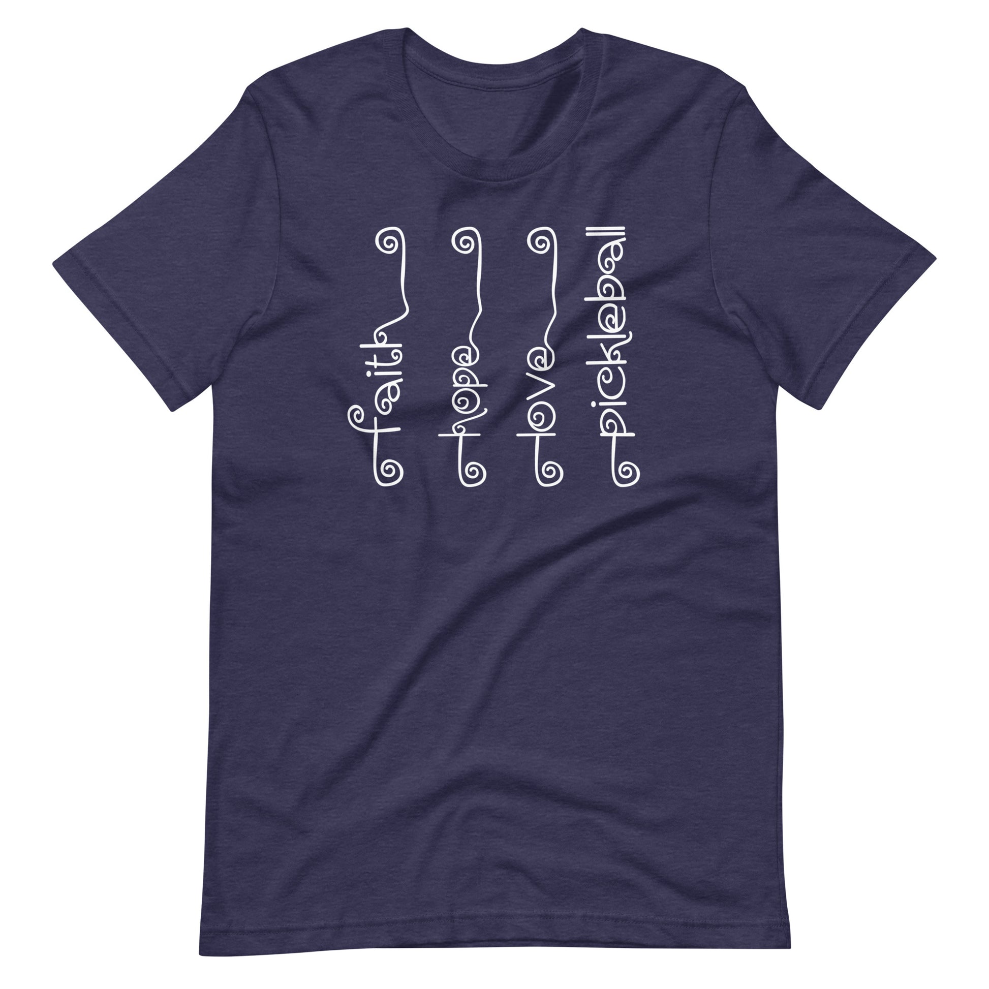 Fun Pickleball Pun: "Faith, Hope, Love, Pickleball", Womens Unisex Midnight Navy T-Shirt