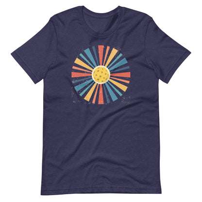 Fun Pickleball Graphic: "Rainbow Retro Circle," Womens Heather Midnight Navy Unisex T-Shirt