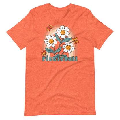 Fun Floral Pickleball Graphic: "Pickleball", Womens Unisex  Heather Orange T-Shirt