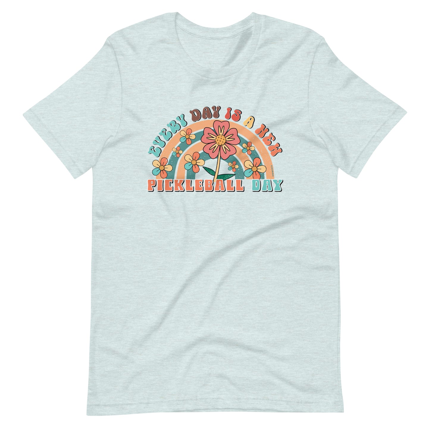 Fun Pickleball Rainbow Graphic: "Every Day Is A New Pickleball Day," Womens Unisex Heather Prism Ice Blue T-Shirt