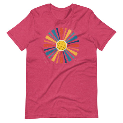 Fun Pickleball Graphic: "Rainbow Retro Circle," Womens Heather Rasberry Unisex T-Shirt