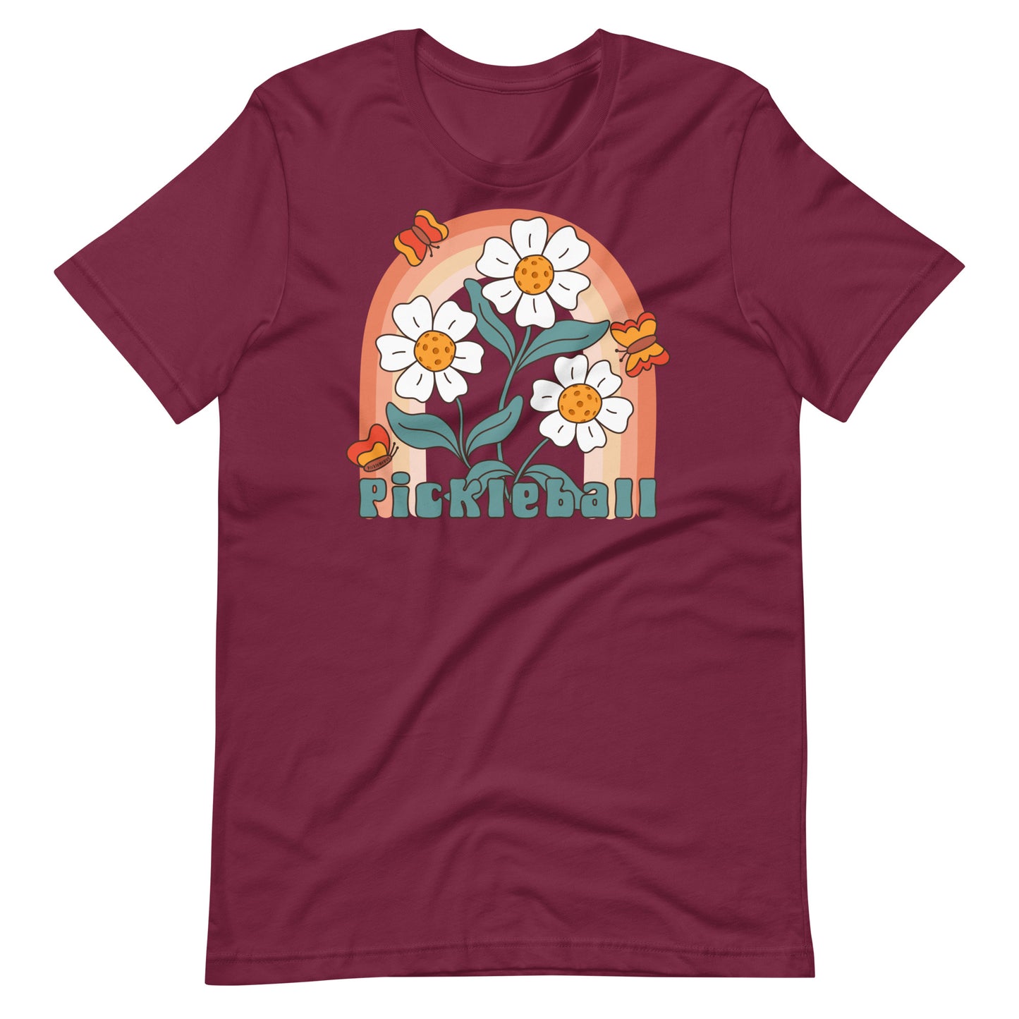 Fun Floral Pickleball Graphic: "Pickleball", Womens Unisex  Maroon T-Shirt