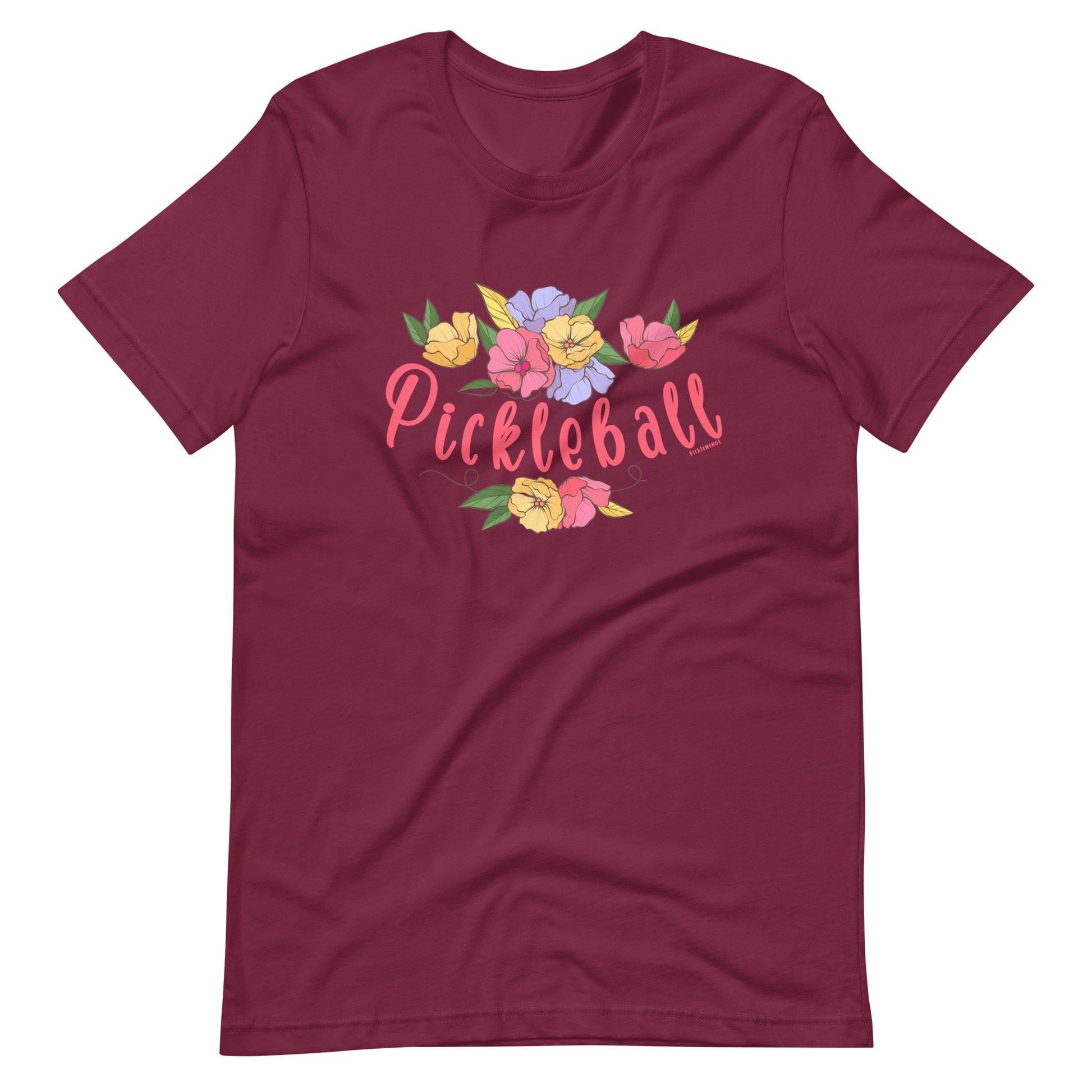 Fun Pickleball Flower Swag: "Pickleball", Womens Unisex Maroon T-Shirt