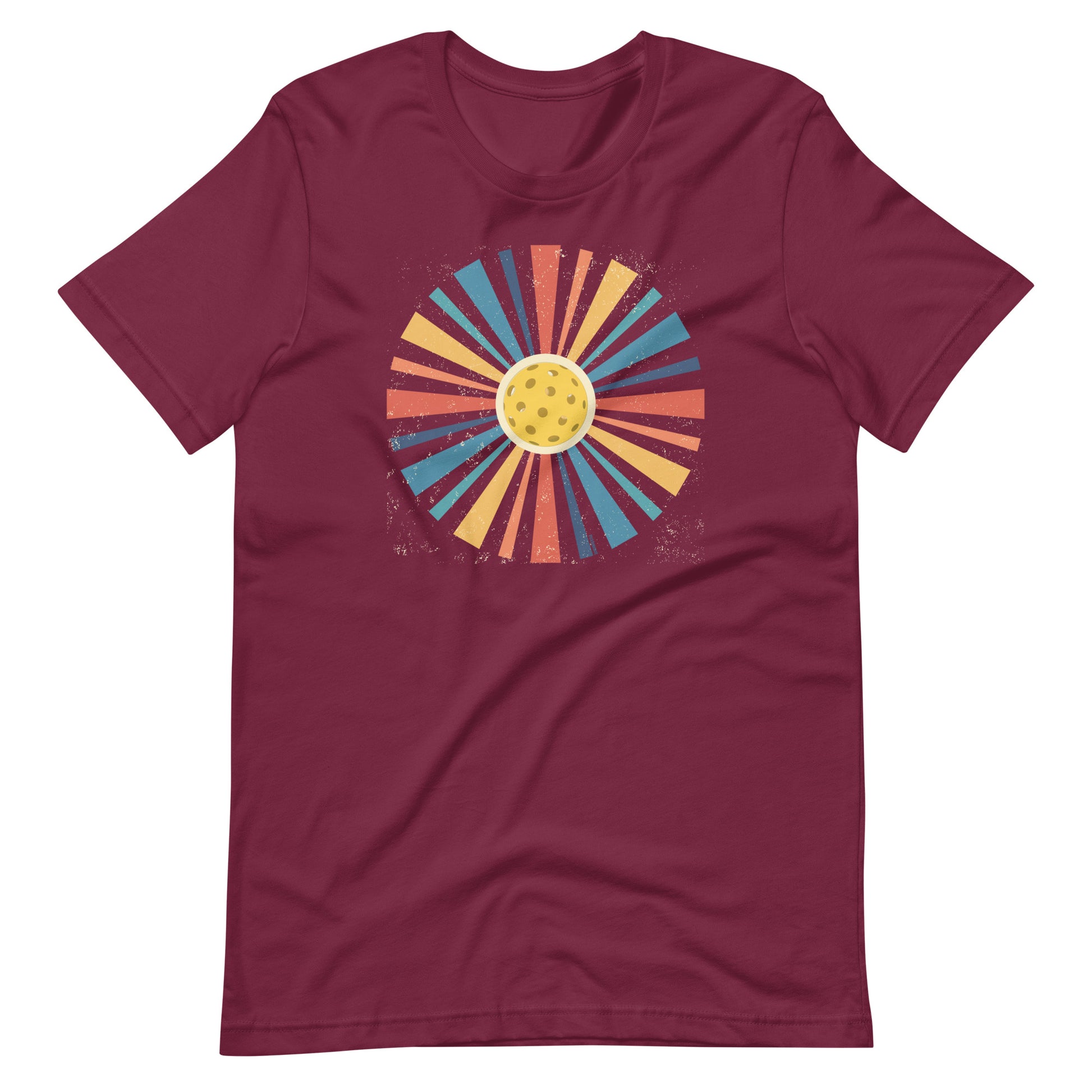 Fun Pickleball Graphic: "Rainbow Retro Circle," Womens Maroon Unisex T-Shirt