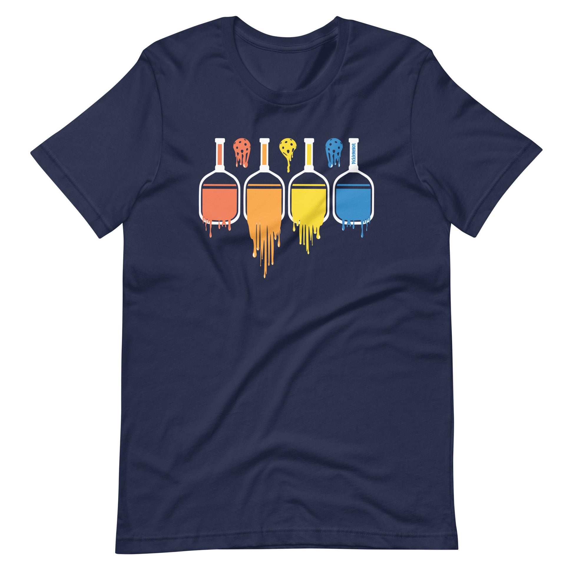 Fun Pickleball Pun: "Rainbow Colored Melting Paddles And Balls", Womens Unisex Navy T-Shirt
