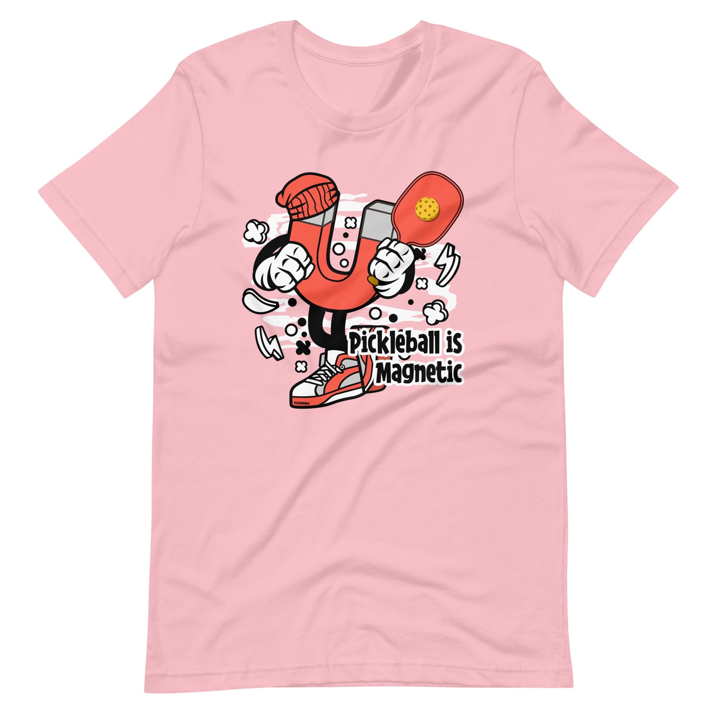 Retro-Vintage Fun Pickleball , "Pickleball is Magnetic" Unisex Women's Pink T-Shirt