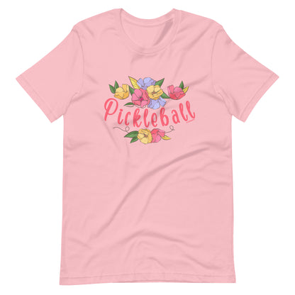 Fun Pickleball Flower Swag: "Pickleball", Womens Unisex Pink T-Shirt