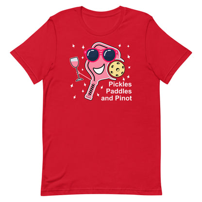 Funny Wine Pickleball Pun: "Pickles, Paddles and Pinot", Unisex T-Shirt