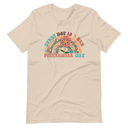 Fun Pickleball Rainbow Graphic: "Every Day Is A New Pickleball Day," Womens Unisex Soft Cream T-Shirt