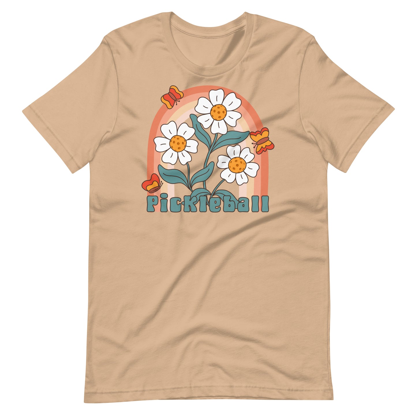 Fun Floral Pickleball Graphic: "Pickleball", Womens Unisex  Tan T-Shirt