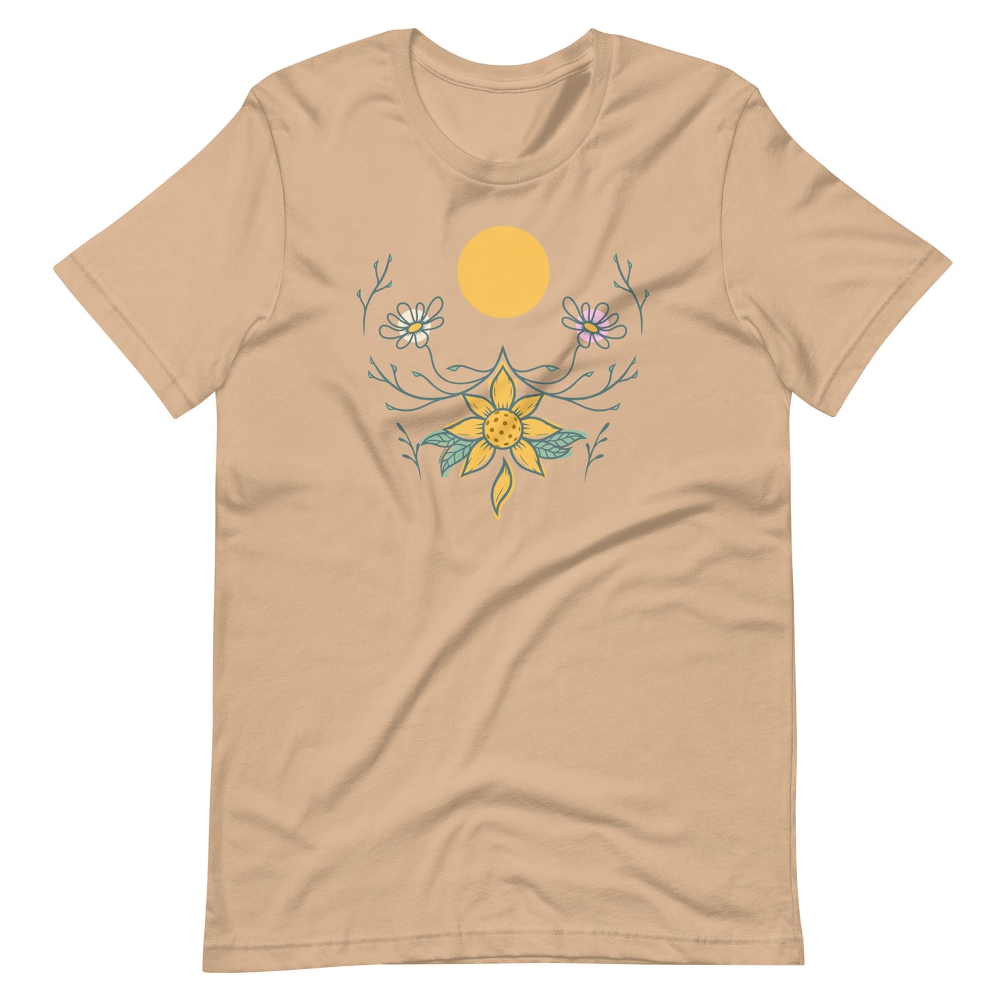 Fun Pickleball Sunset Graphic: "Pickleball Daisy," Womens Unisex Tan T-Shirt