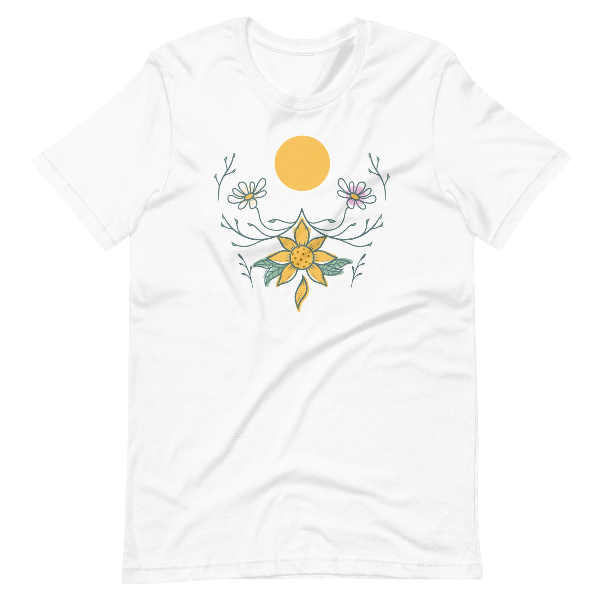 Fun Pickleball Sunset Graphic: "Pickleball Daisy," Womens Unisex White T-Shirt