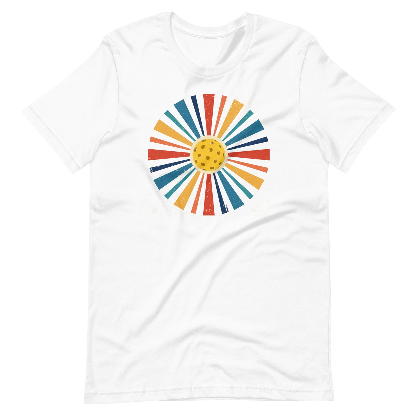 Fun Pickleball Graphic: "Rainbow Retro Circle," Womens White Unisex T-Shirt