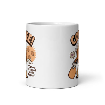 Fun Puns on Pickleball Coffee White Glossy Mug, "Coffee Pickleball Smile Repeat"