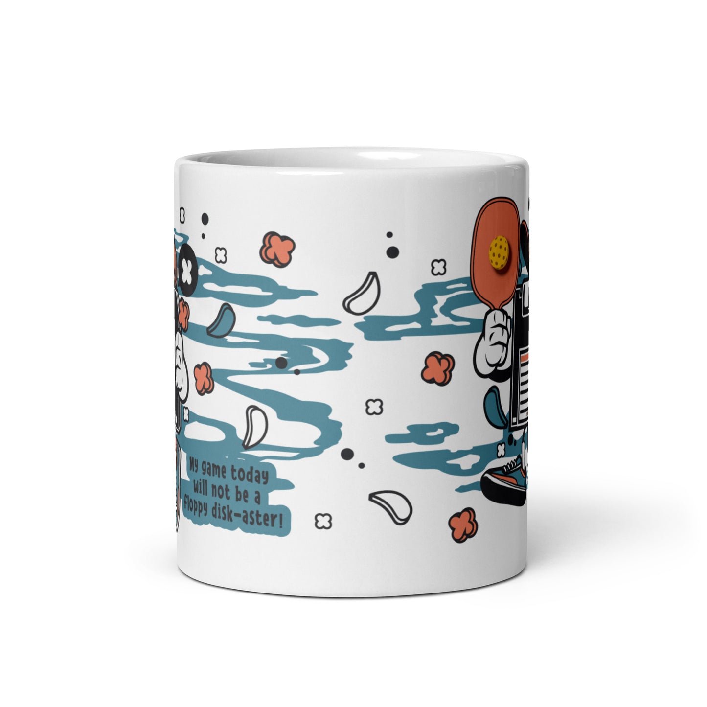 Fun Puns on Pickleball Coffee White Glossy Mug, "My Game Today Will Not Be A Floppy Disk-Aster"
