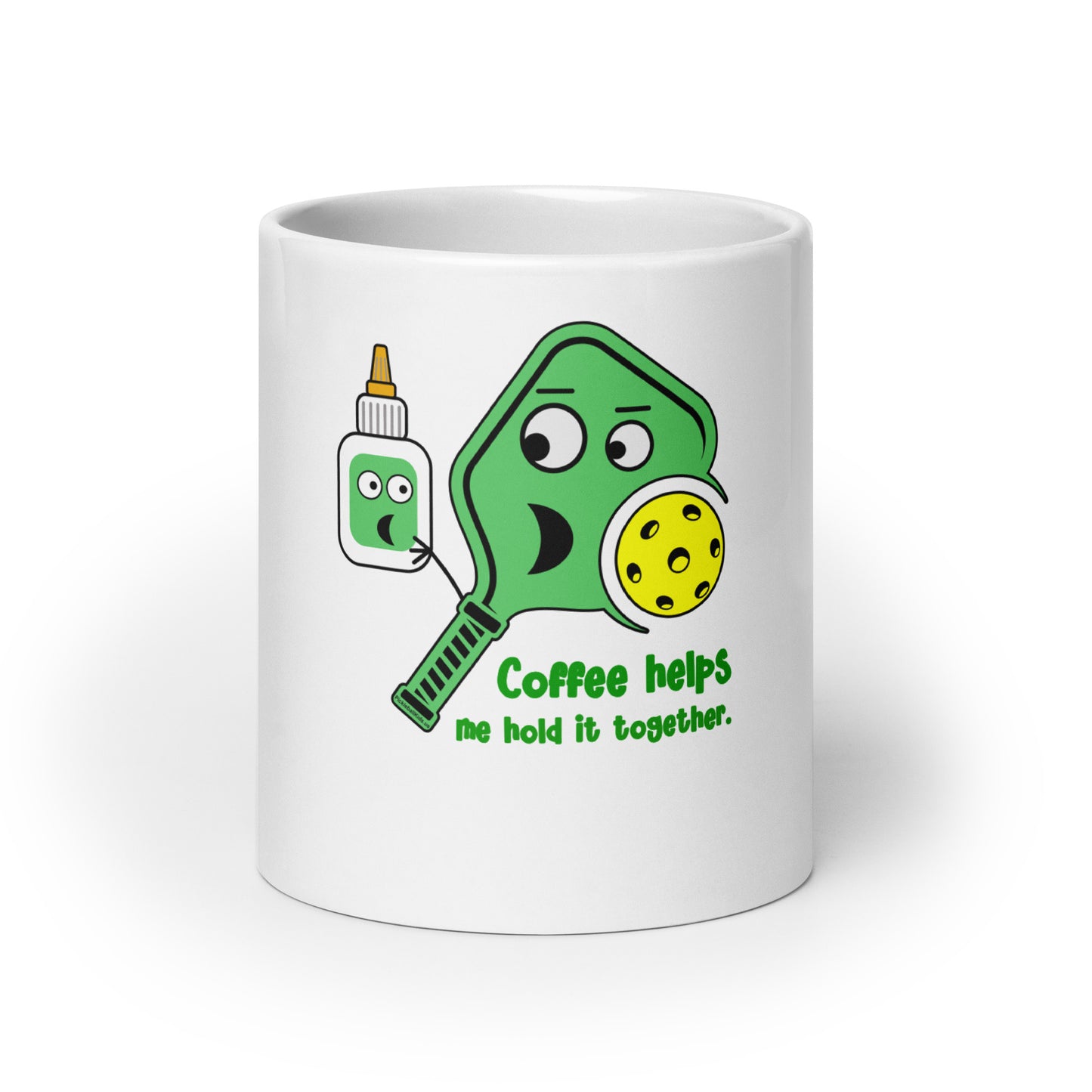 Fun Puns on Pickleball Coffee White Glossy Mug, "Coffee Helps Me Hold It Together"